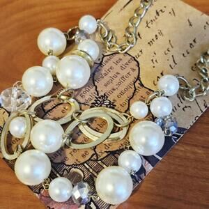 White Bubble Bead Double Strand Tiered Gold Tone Chain Necklace